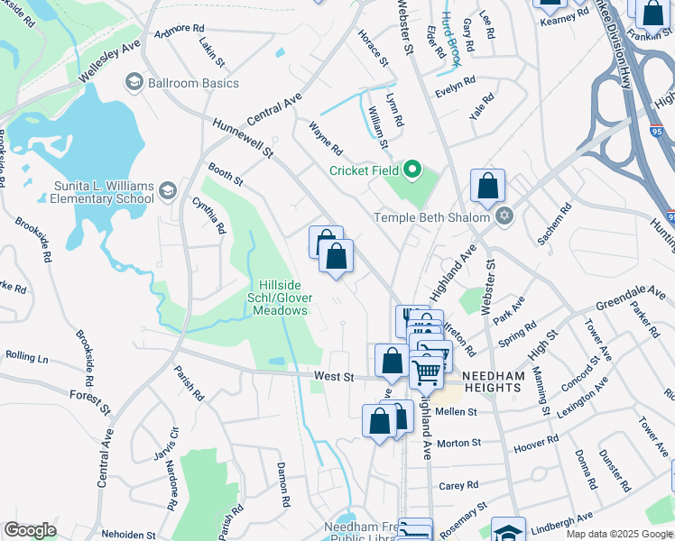 map of restaurants, bars, coffee shops, grocery stores, and more near 135 Crescent Road in Needham
