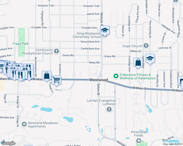 map of restaurants, bars, coffee shops, grocery stores, and more near 3318 West Main Street in Kalamazoo