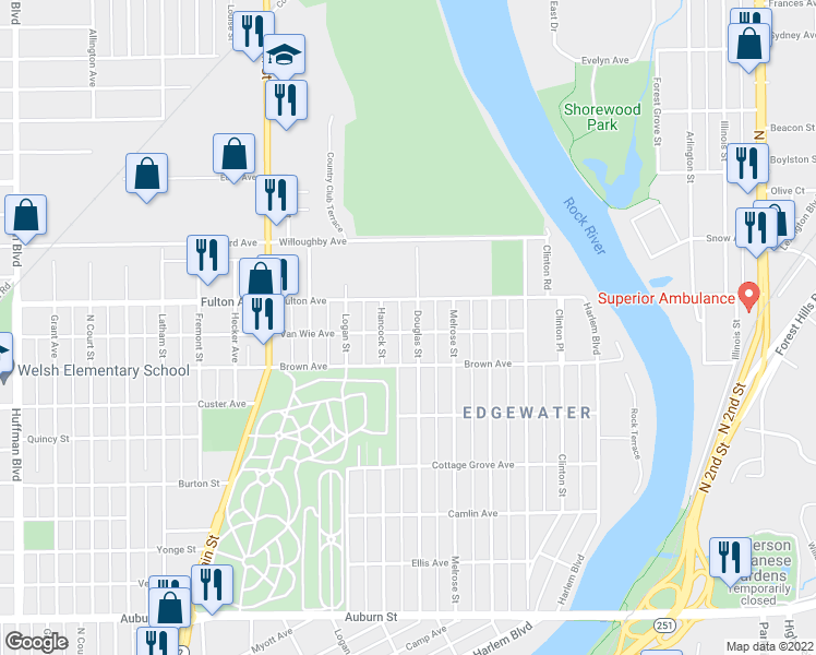 map of restaurants, bars, coffee shops, grocery stores, and more near 2304 Douglas Street in Rockford