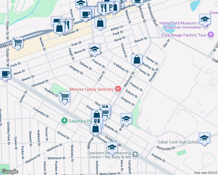 map of restaurants, bars, coffee shops, grocery stores, and more near 22130 Gregory Street in Dearborn