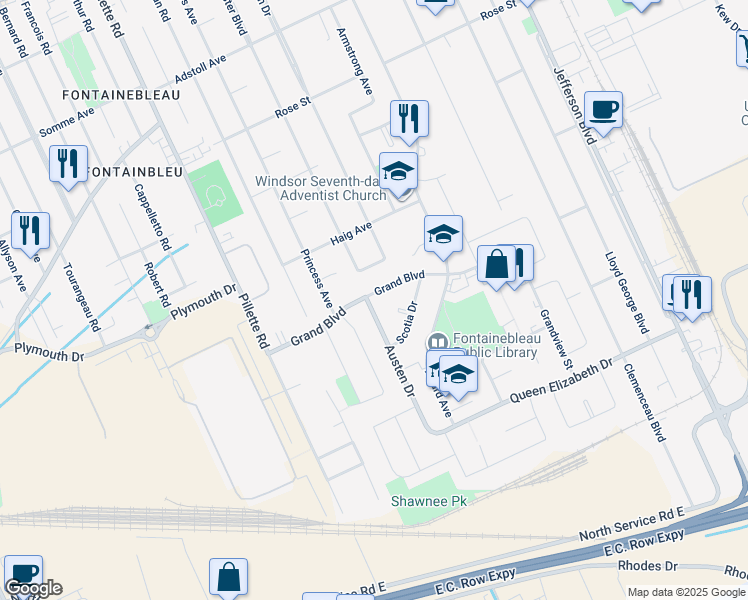 map of restaurants, bars, coffee shops, grocery stores, and more near 5115 Grand Boulevard in Windsor