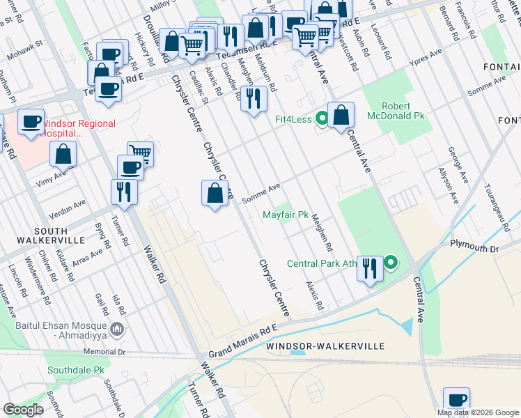 map of restaurants, bars, coffee shops, grocery stores, and more near 2528 Cadillac Street in Windsor
