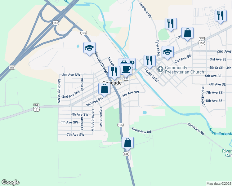 map of restaurants, bars, coffee shops, grocery stores, and more near 401 2nd Avenue Southwest in Cascade