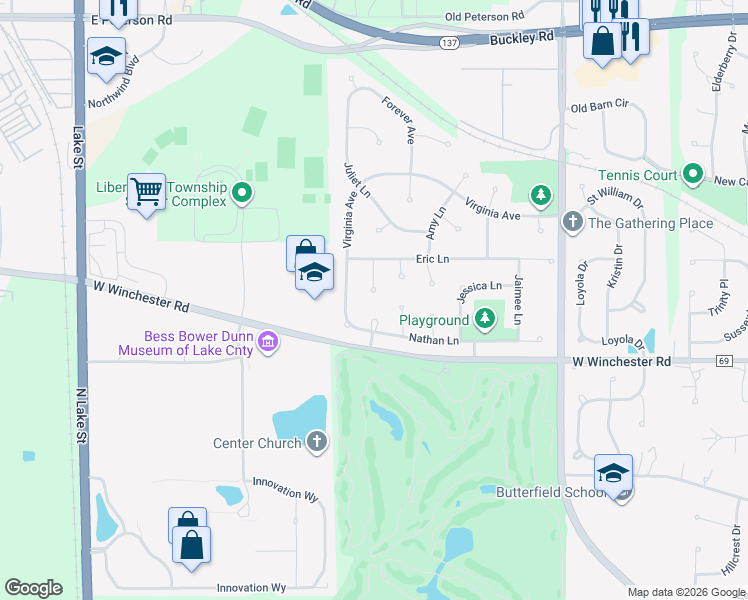 map of restaurants, bars, coffee shops, grocery stores, and more near 1200 Brian Circle in Libertyville