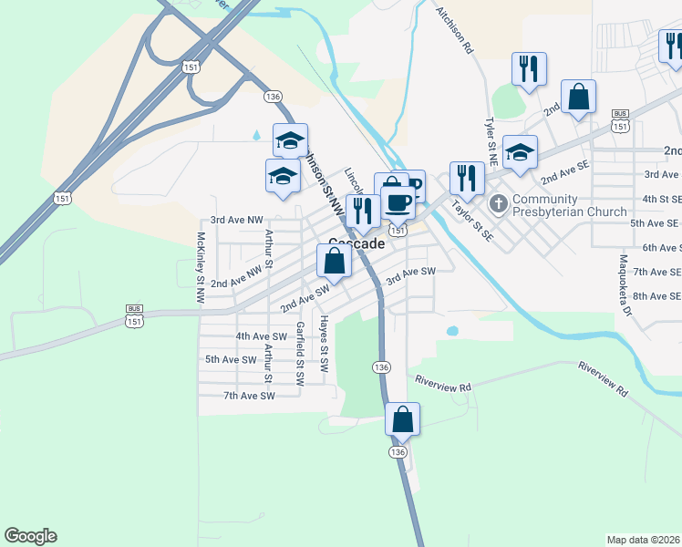 map of restaurants, bars, coffee shops, grocery stores, and more near 100-198 Grant St SW in Cascade