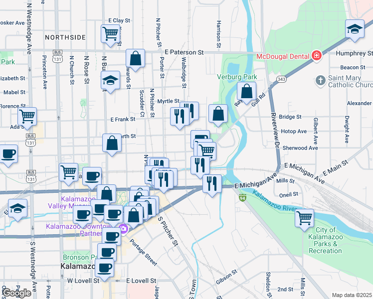map of restaurants, bars, coffee shops, grocery stores, and more near 511 East Ransom Street in Kalamazoo
