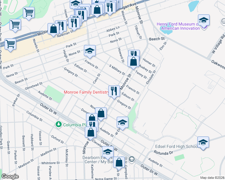 map of restaurants, bars, coffee shops, grocery stores, and more near 22035 Edison Street in Dearborn