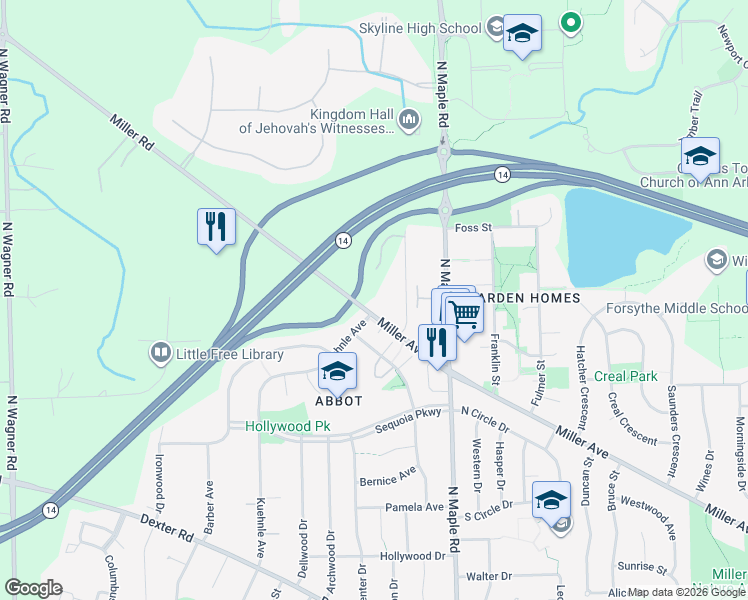 map of restaurants, bars, coffee shops, grocery stores, and more near 2664 Miller Avenue in Ann Arbor