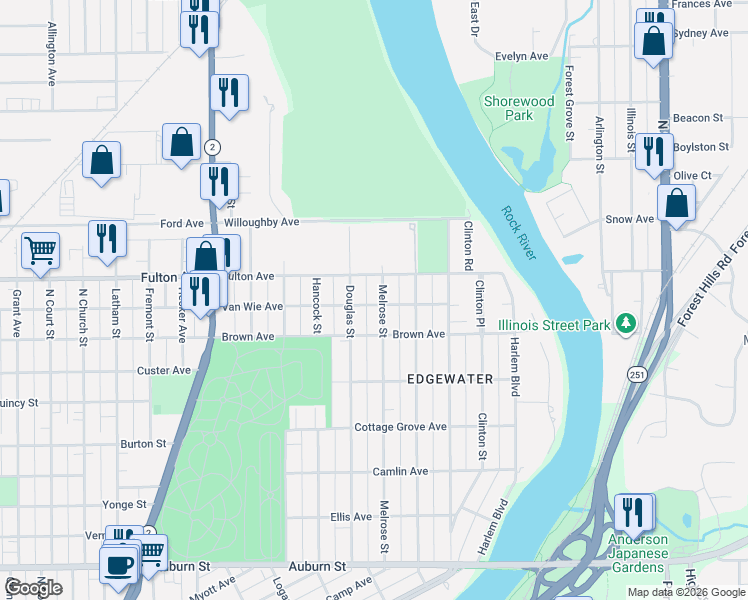 map of restaurants, bars, coffee shops, grocery stores, and more near 2306 Melrose Street in Rockford
