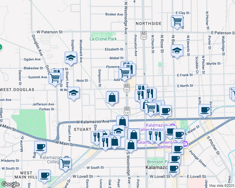 map of restaurants, bars, coffee shops, grocery stores, and more near 527 West North Street in Kalamazoo
