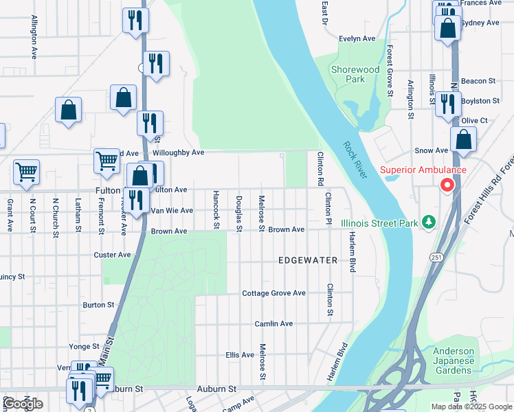 map of restaurants, bars, coffee shops, grocery stores, and more near 2306 Melrose Street in Rockford