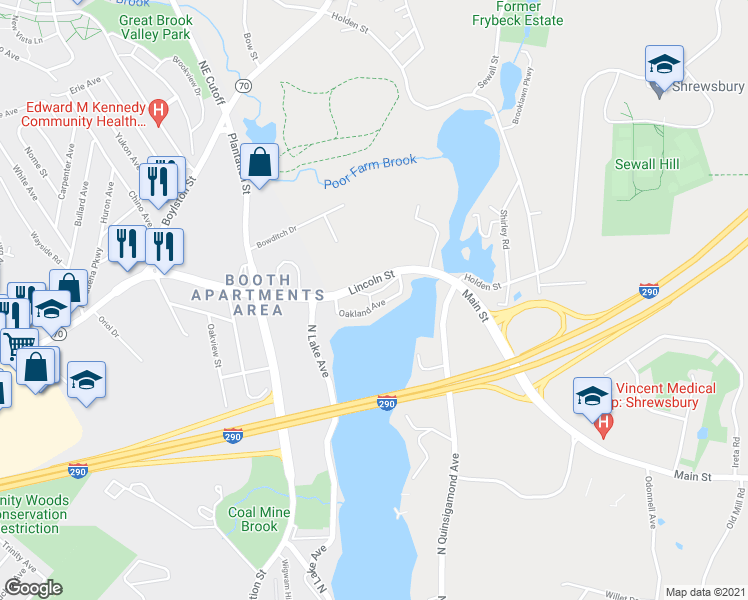 map of restaurants, bars, coffee shops, grocery stores, and more near 26 Main Street in Shrewsbury