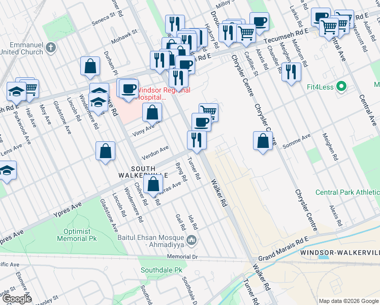 map of restaurants, bars, coffee shops, grocery stores, and more near 2402 Turner Road in Windsor