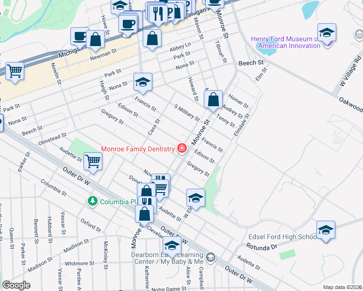 map of restaurants, bars, coffee shops, grocery stores, and more near 22035 Edison Street in Dearborn