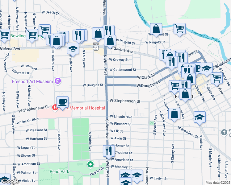 map of restaurants, bars, coffee shops, grocery stores, and more near 29 North Grove Avenue in Freeport