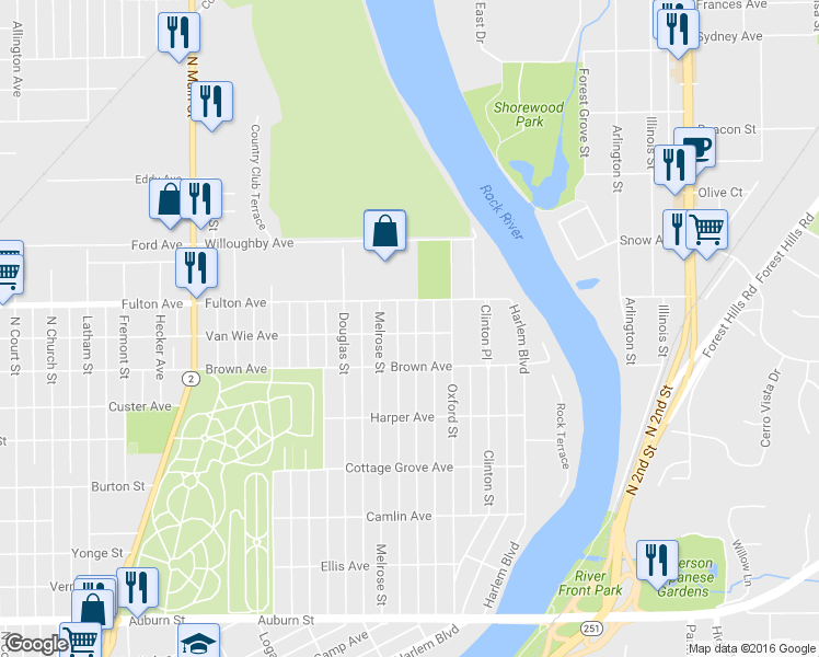 map of restaurants, bars, coffee shops, grocery stores, and more near 2304 Cumberland Street in Rockford