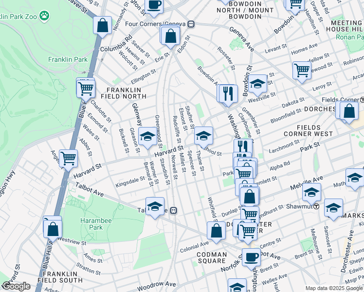 map of restaurants, bars, coffee shops, grocery stores, and more near 95 Harvard Street in Boston