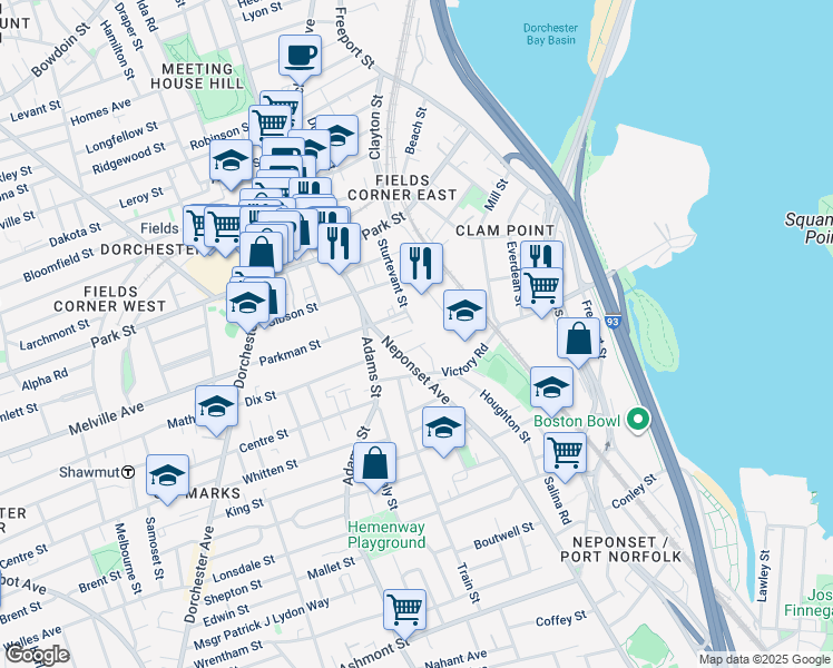 map of restaurants, bars, coffee shops, grocery stores, and more near 15 Saco Street in Boston