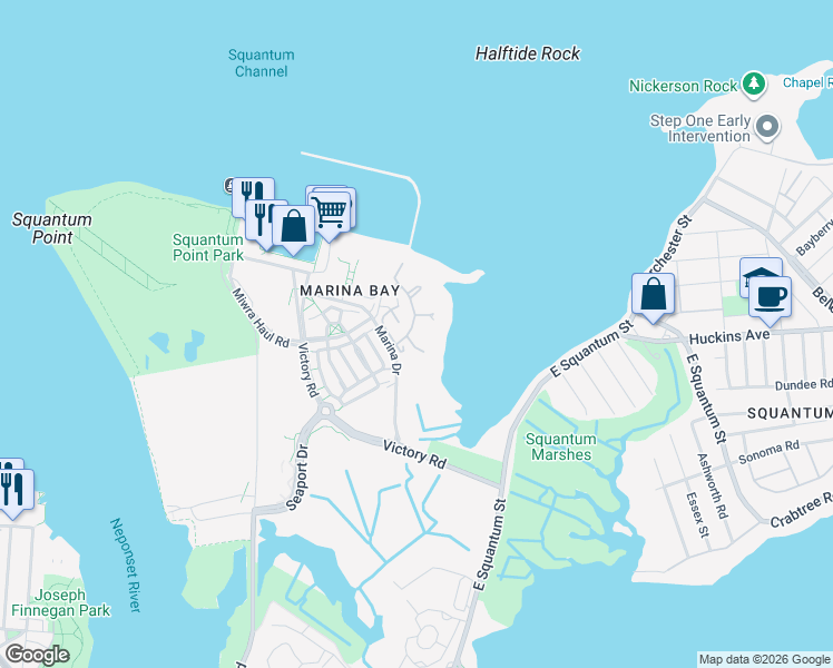 map of restaurants, bars, coffee shops, grocery stores, and more near 25 Harbourside Road in Quincy