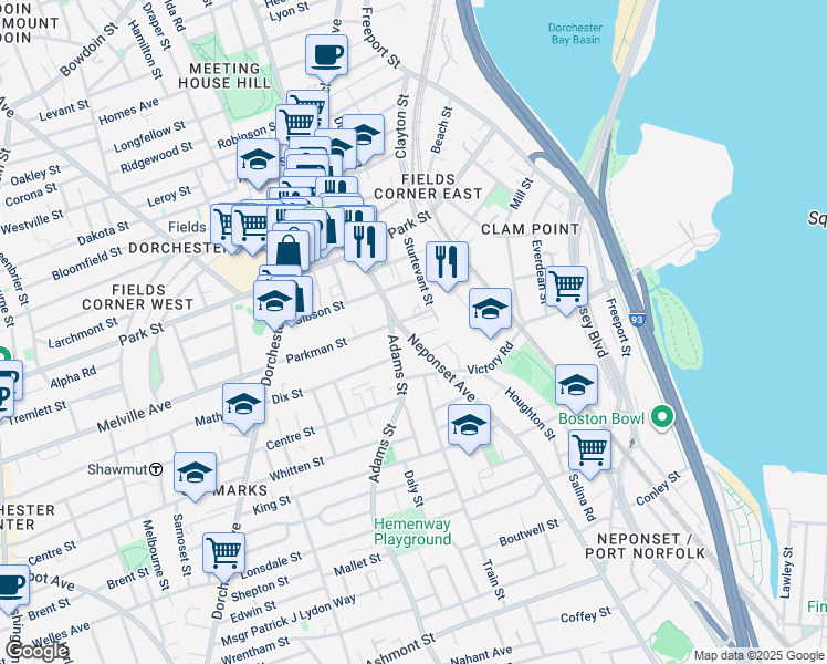 map of restaurants, bars, coffee shops, grocery stores, and more near 3 Neponset Avenue in Boston