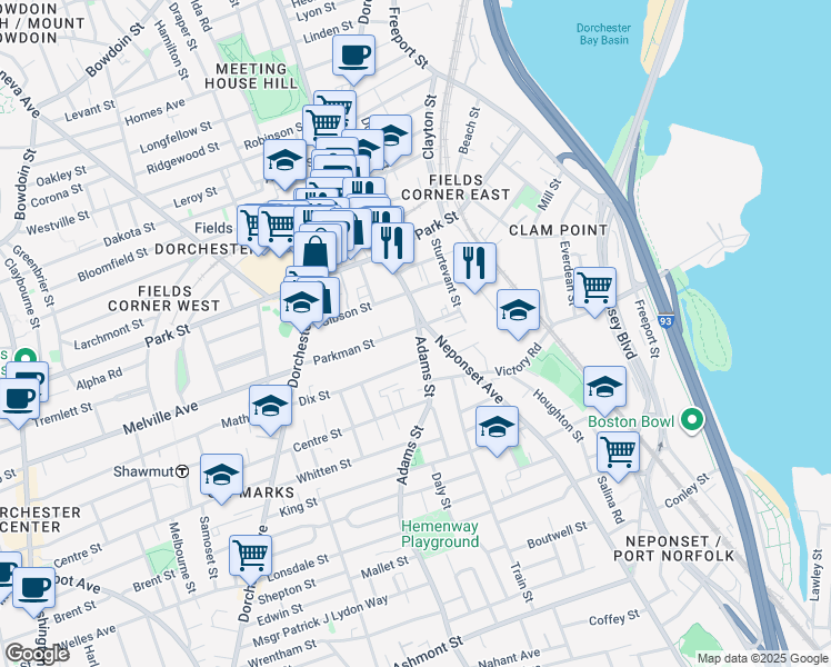 map of restaurants, bars, coffee shops, grocery stores, and more near 3 Neponset Avenue in Boston