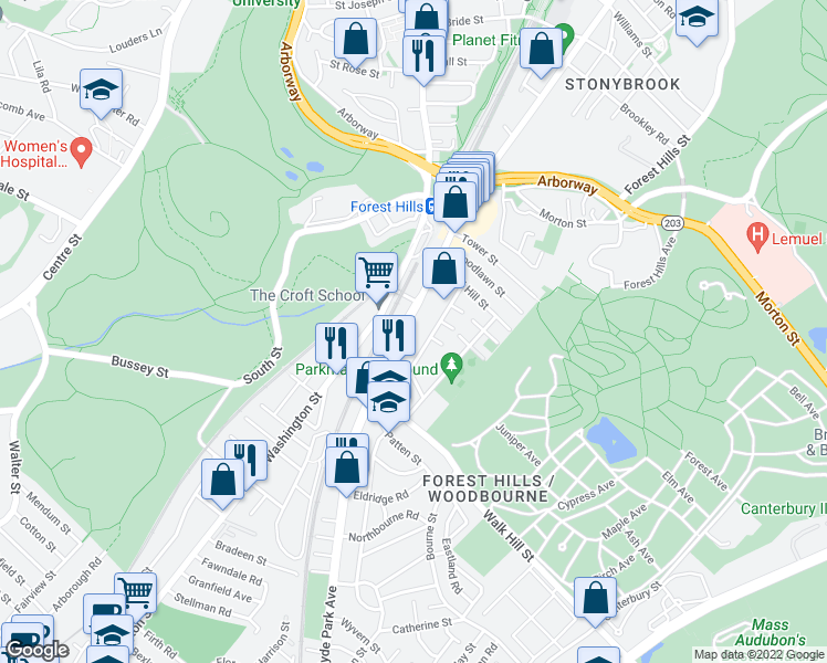 map of restaurants, bars, coffee shops, grocery stores, and more near 108 Hyde Park Avenue in Boston