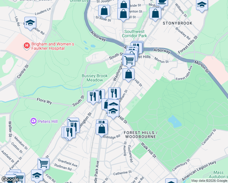map of restaurants, bars, coffee shops, grocery stores, and more near 3840 Washington Street in Boston