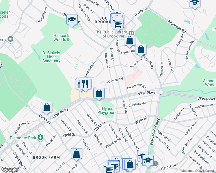 map of restaurants, bars, coffee shops, grocery stores, and more near 93 Asheville Road in Brookline