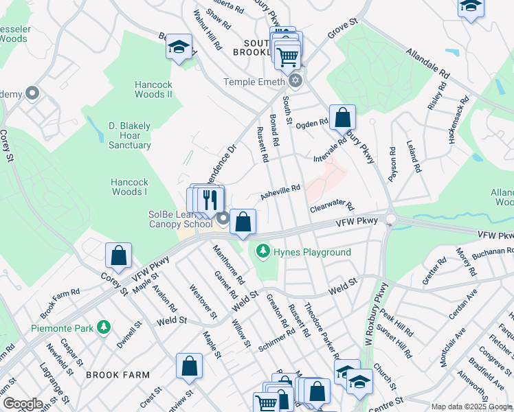 map of restaurants, bars, coffee shops, grocery stores, and more near 93 Asheville Road in Brookline