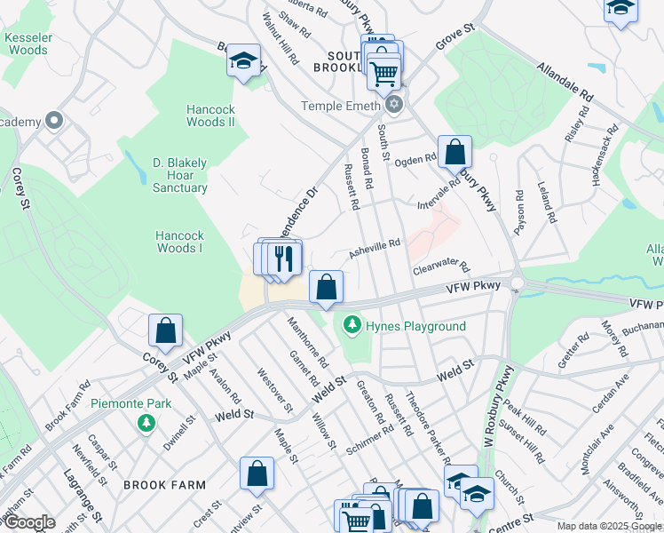 map of restaurants, bars, coffee shops, grocery stores, and more near 93 Asheville Road in Brookline