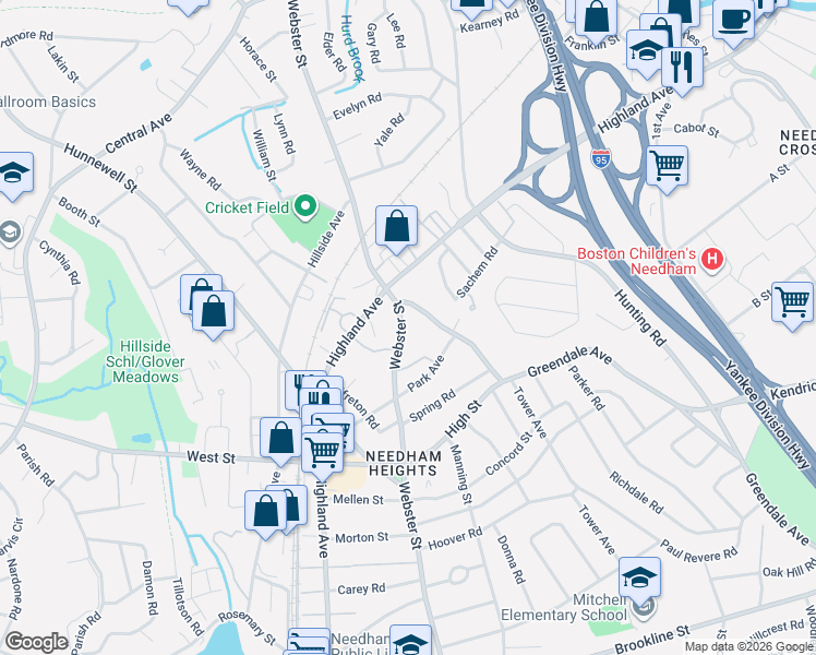 map of restaurants, bars, coffee shops, grocery stores, and more near 312 Webster Street in Needham