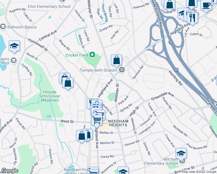 map of restaurants, bars, coffee shops, grocery stores, and more near 740 Highland Avenue in Needham