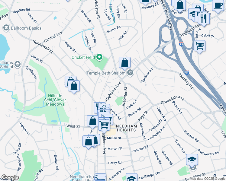 map of restaurants, bars, coffee shops, grocery stores, and more near 740 Highland Avenue in Needham
