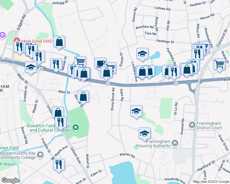 map of restaurants, bars, coffee shops, grocery stores, and more near 27 Stony Brook Road in Framingham
