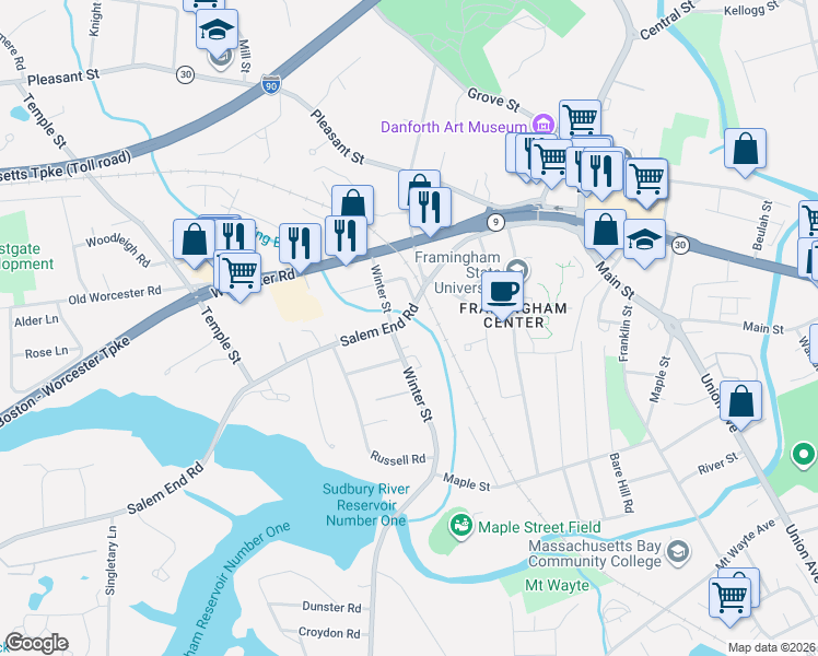 map of restaurants, bars, coffee shops, grocery stores, and more near 112 Salem End Road in Framingham
