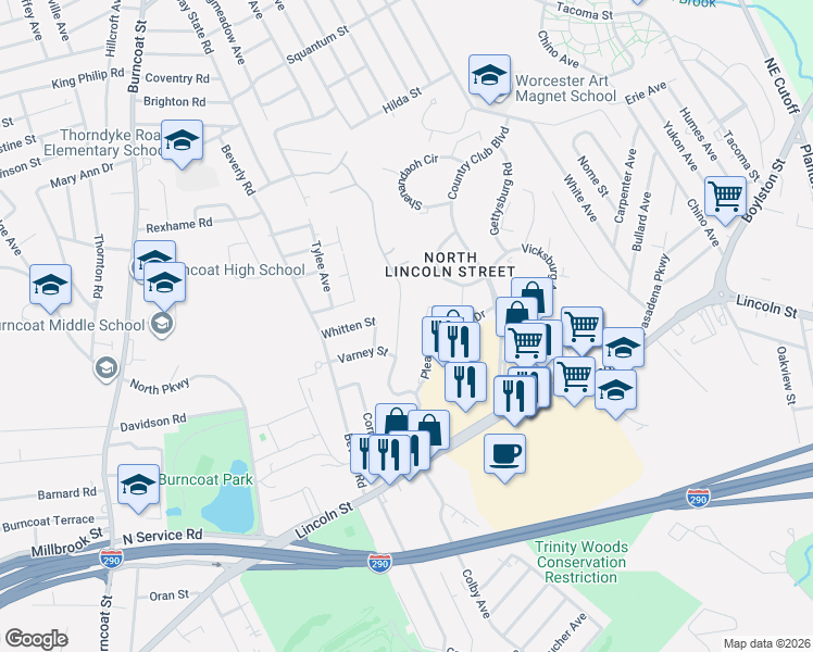map of restaurants, bars, coffee shops, grocery stores, and more near 49 Goldthwaite Road in Worcester