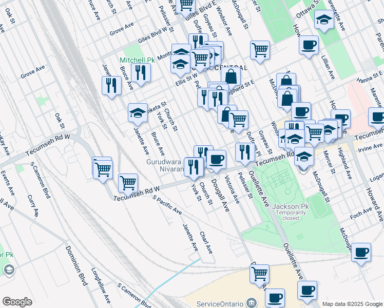 map of restaurants, bars, coffee shops, grocery stores, and more near 1593 Dougall Avenue in Windsor