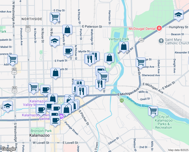 map of restaurants, bars, coffee shops, grocery stores, and more near 511 East Ransom Street in Kalamazoo
