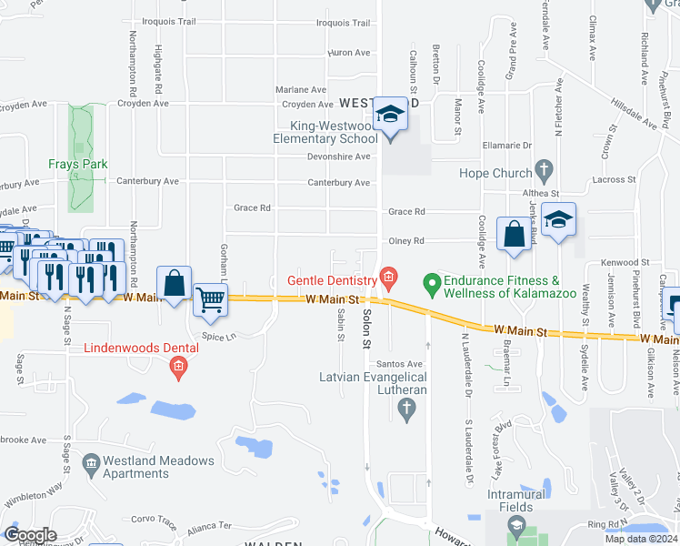 map of restaurants, bars, coffee shops, grocery stores, and more near 3318 West Main Street in Kalamazoo