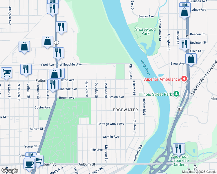 map of restaurants, bars, coffee shops, grocery stores, and more near 2306 Melrose Street in Rockford