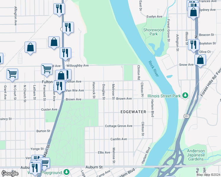 map of restaurants, bars, coffee shops, grocery stores, and more near 2306 Melrose Street in Rockford