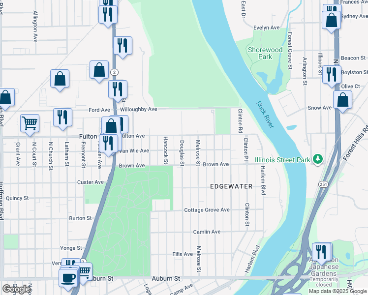 map of restaurants, bars, coffee shops, grocery stores, and more near 2304 Douglas Street in Rockford