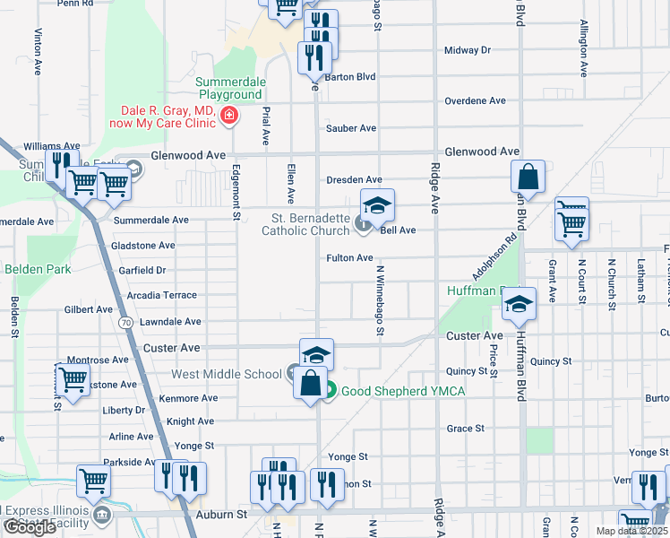 map of restaurants, bars, coffee shops, grocery stores, and more near 2407 Van Wie Avenue in Rockford