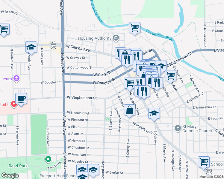 map of restaurants, bars, coffee shops, grocery stores, and more near 6 North Cherry Avenue in Freeport