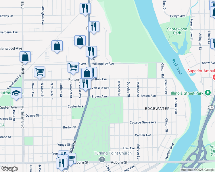 map of restaurants, bars, coffee shops, grocery stores, and more near 2306 Logan Street in Rockford