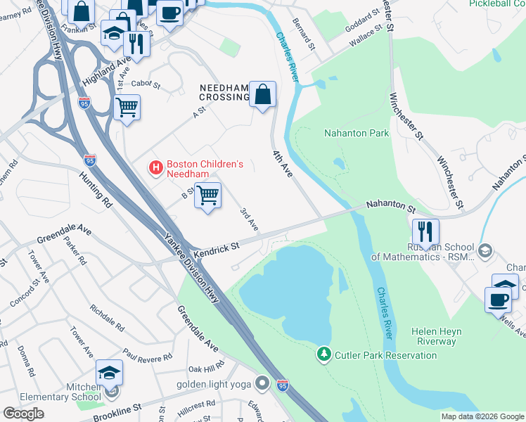 map of restaurants, bars, coffee shops, grocery stores, and more near 117 Kendrick Street in Needham