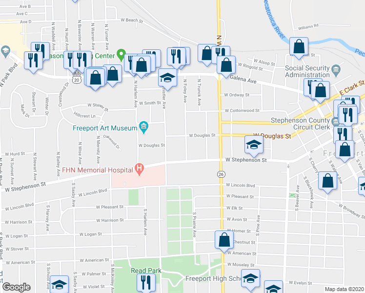 map of restaurants, bars, coffee shops, grocery stores, and more near 102 North Foley Avenue in Freeport