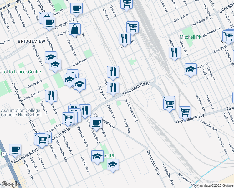 map of restaurants, bars, coffee shops, grocery stores, and more near 1340 Tecumseh Road West in Windsor