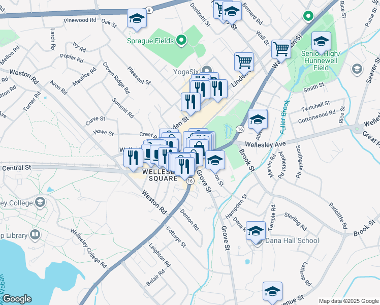 map of restaurants, bars, coffee shops, grocery stores, and more near 3 Grove Street in Wellesley