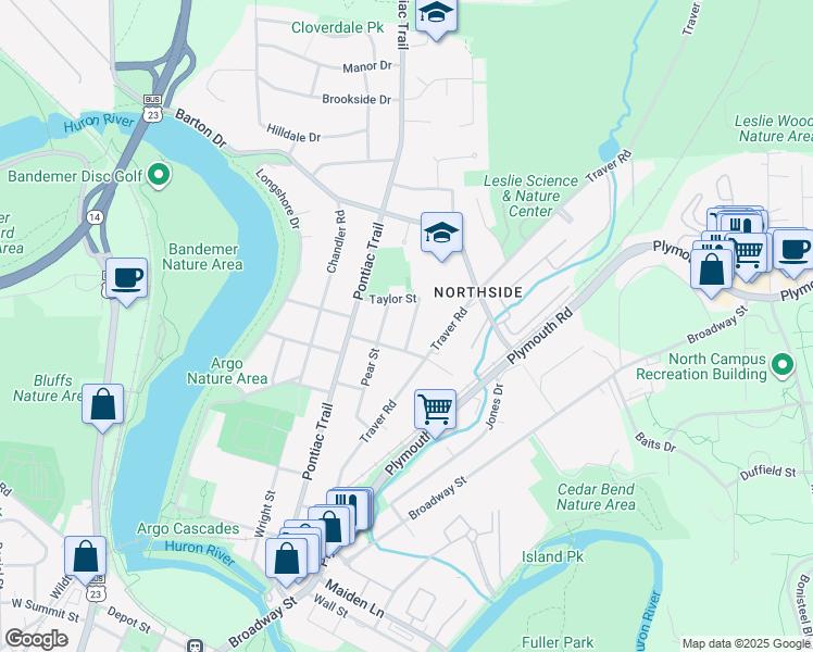 map of restaurants, bars, coffee shops, grocery stores, and more near 1615 Peach Street in Ann Arbor
